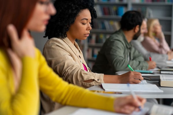 Estudantes lado a lado estudando em grupo